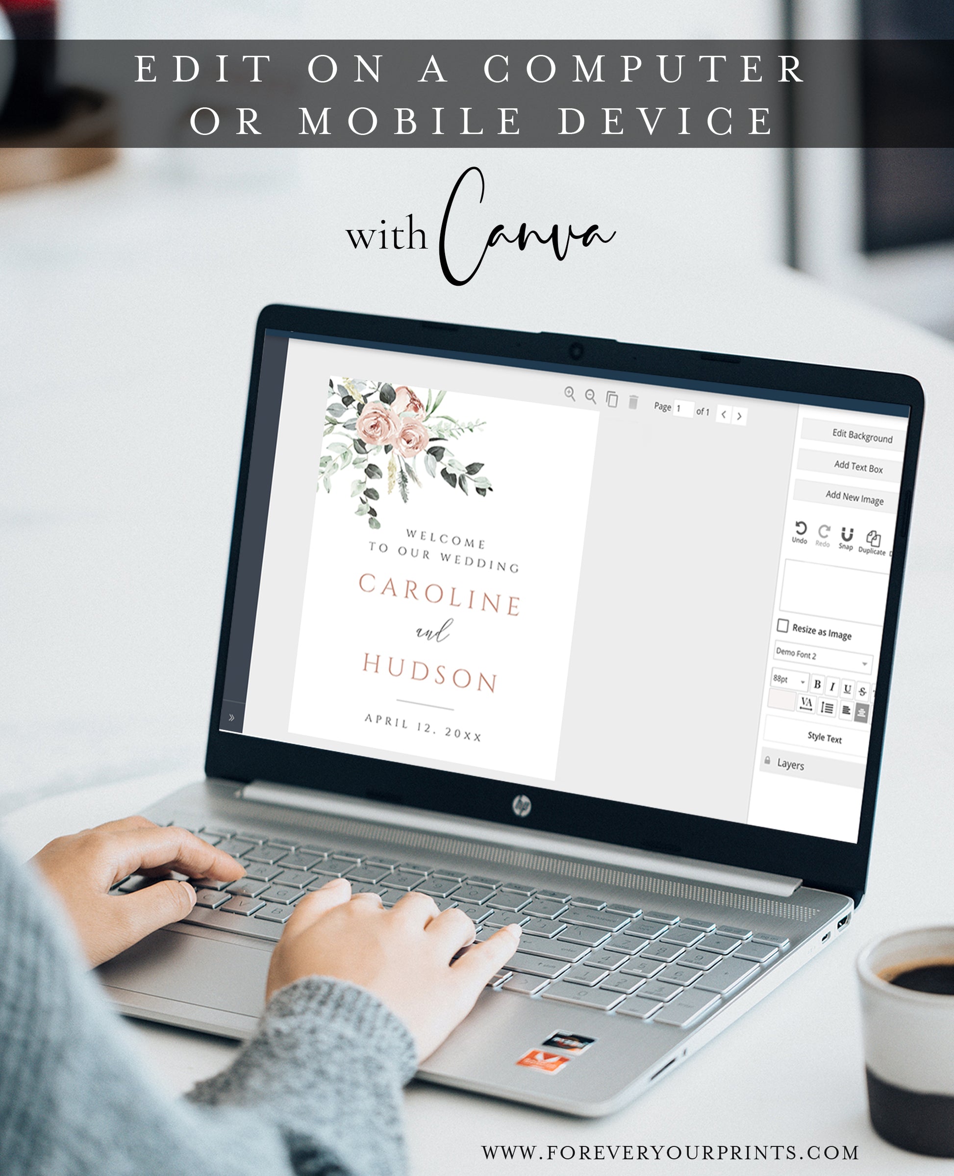 Blush floral and eucalyptus greenery wedding welcome sign template with rose gold spaced lettering on cream background, editable in Canva