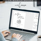 Minimalist black and white wedding selfie station sign template with calligraphy script and hand-drawn camera illustration, editable in Canva