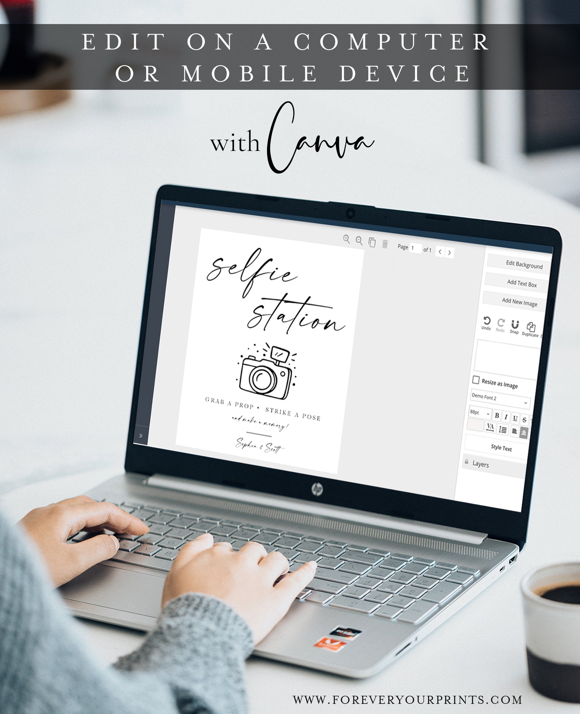 Minimalist black and white wedding selfie station sign template with calligraphy script and hand-drawn camera illustration, editable in Canva