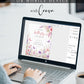 Editable butterfly baby shower welcome sign Canva template with watercolour pink and purple butterflies, peonies, lavender, and wildflower meadow on a white background, shown as a hanging print mockup