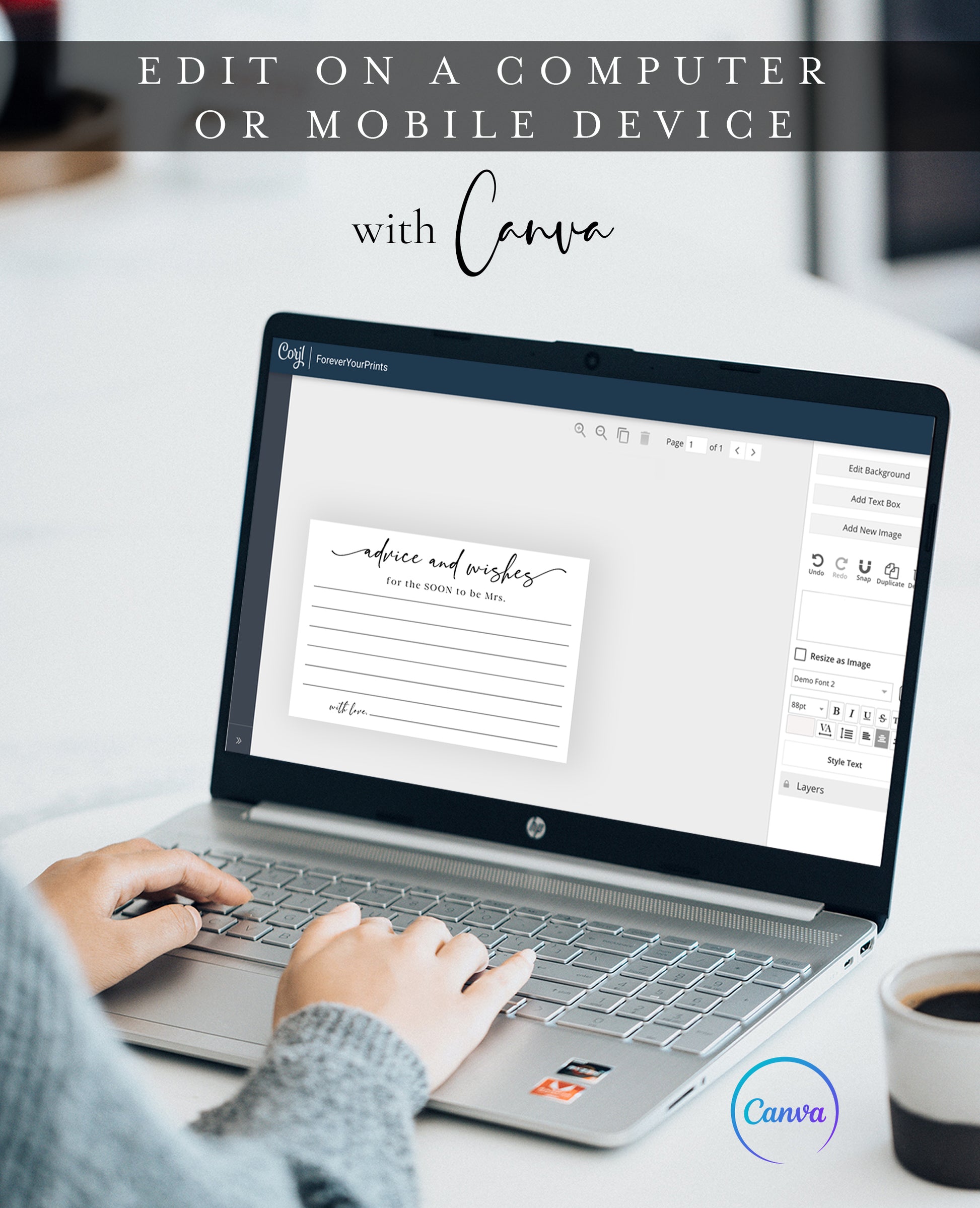 Minimalist black and white advice and wishes bridal shower card template with calligraphy script and writing lines, editable in Canva