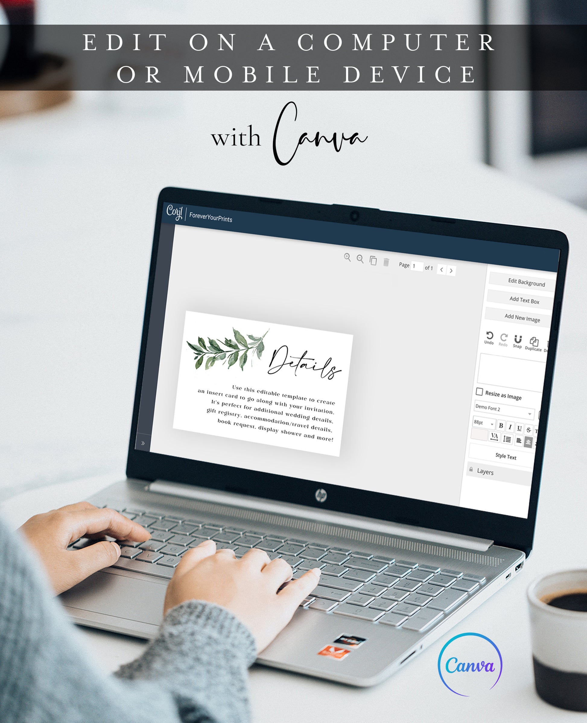 Greenery botanical wedding details enclosure insert card template with watercolor leaf branch and calligraphy script, editable in Canva