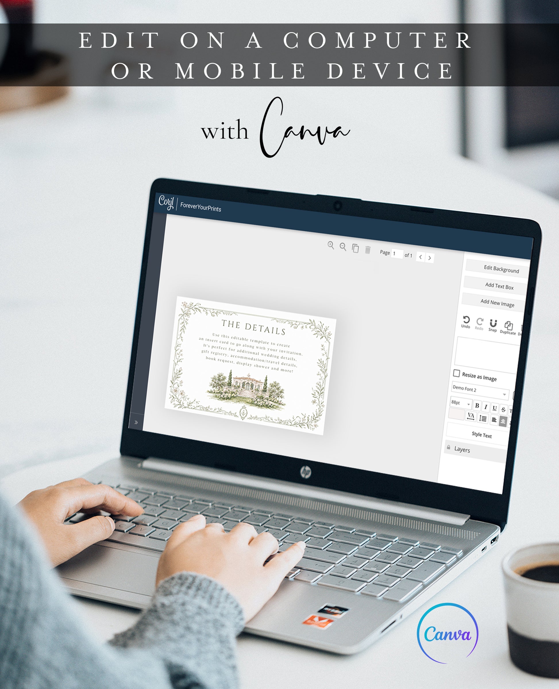 Garden estate wedding details enclosure card template with watercolor estate illustration and delicate sage botanical vine border, editable in Canva