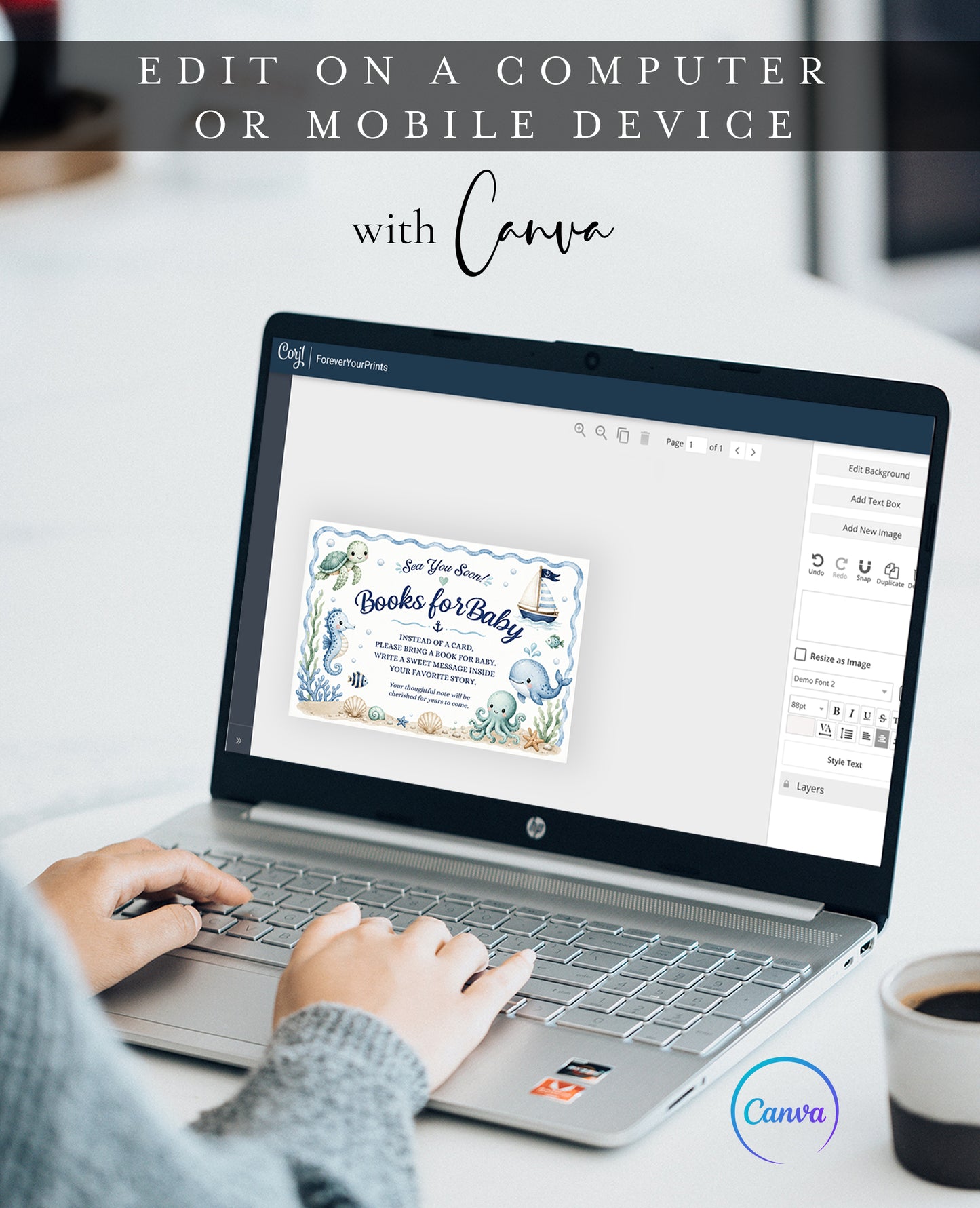 Editable under the sea books for baby card Canva template with watercolour sea turtle, whale, octopus, seahorse, sailboat, shells, and starfish in soft blue tones on a white background with wave border, landscape orientation