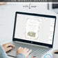 Sage green botanical vine wedding stationery suite showing invitation, details enclosure card, and folded thank you card with watercolor estate illustration, editable in Canva
