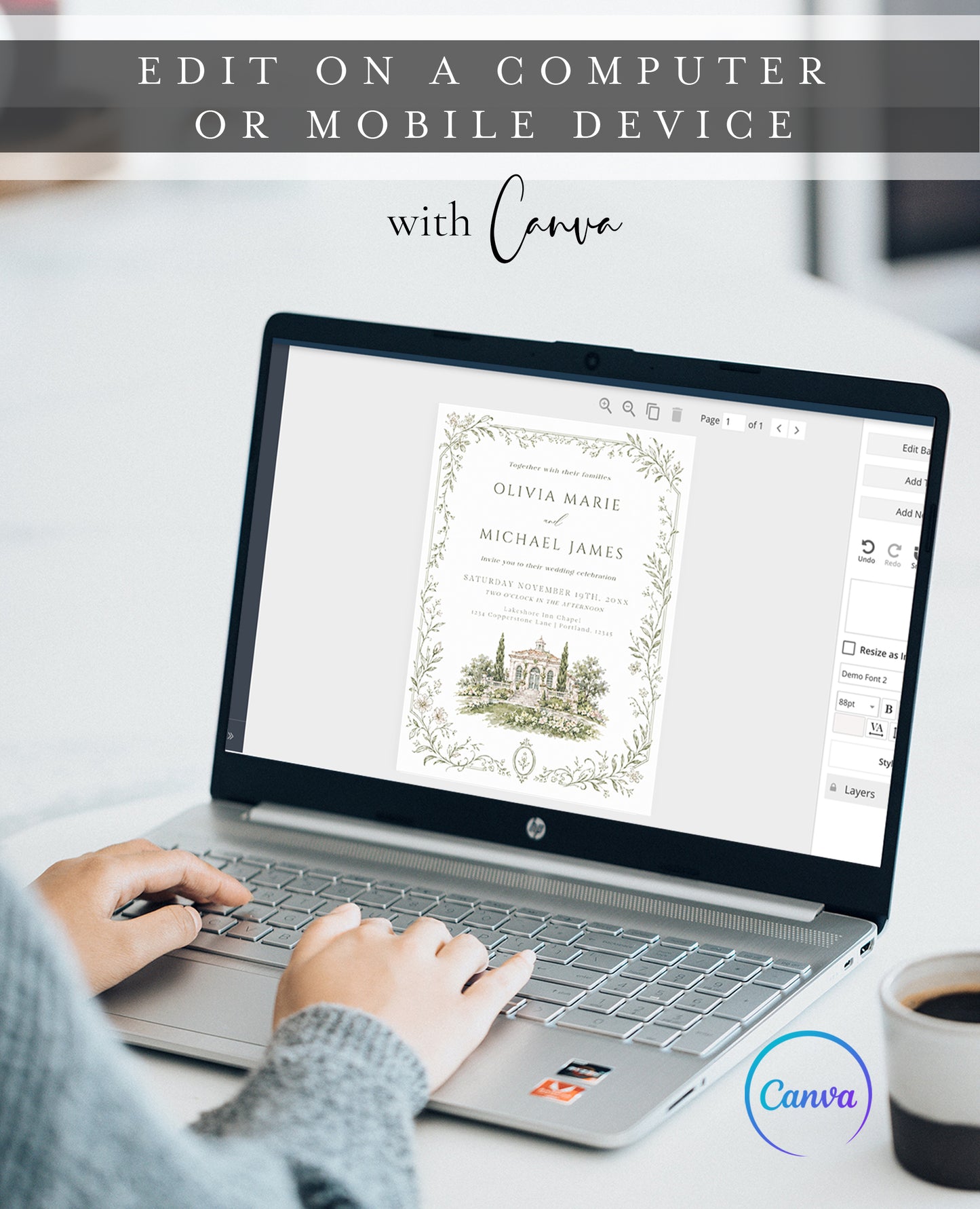 Sage green botanical vine wedding stationery suite showing invitation, details enclosure card, and folded thank you card with watercolor estate illustration, editable in Canva
