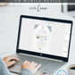 Editable blue gingham boy baby shower invitation Canva template with watercolour blueberries, clothesline scene with romper and bonnet, and script typography, shown with front and back of card