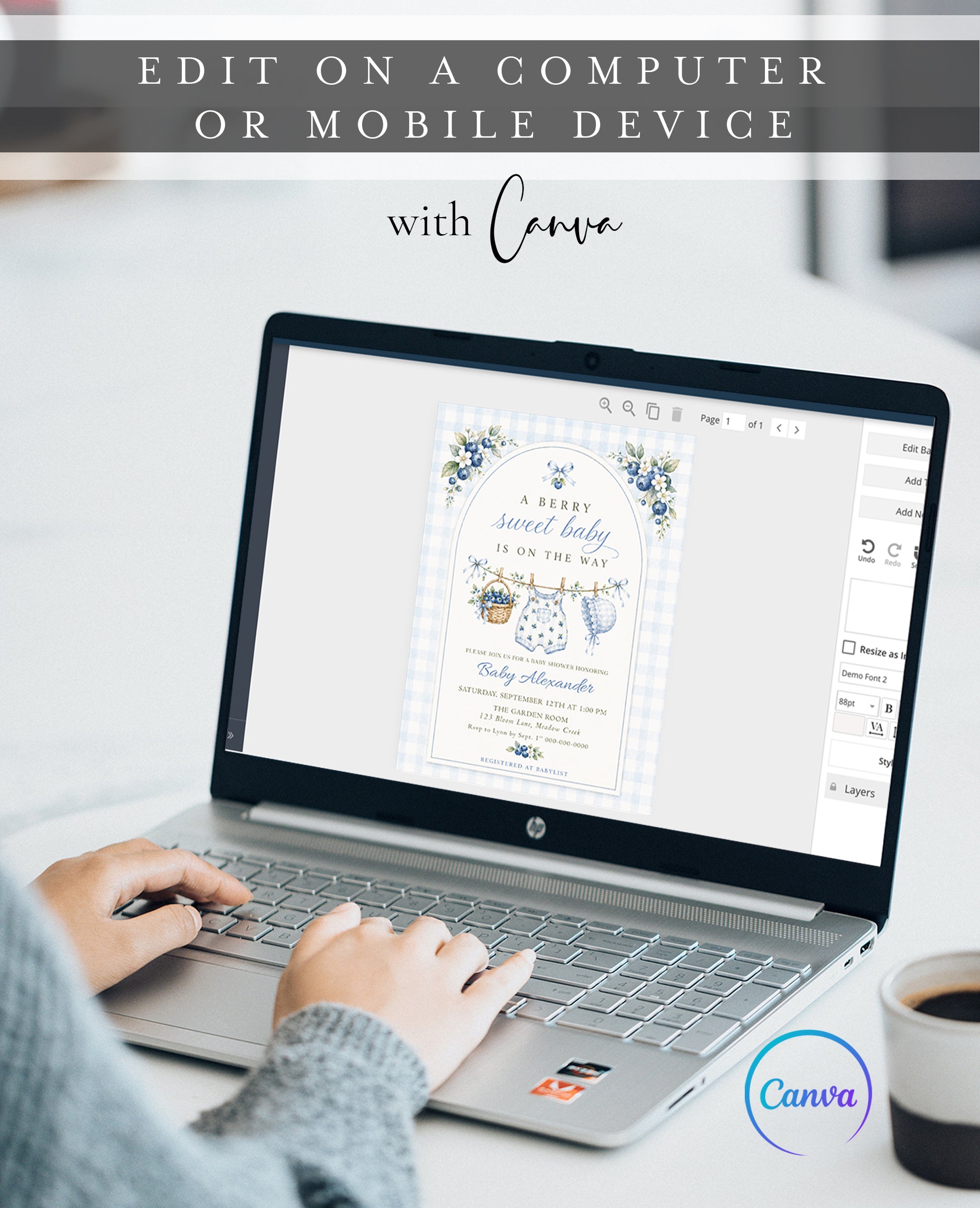 Editable blue gingham boy baby shower invitation Canva template with watercolour blueberries, clothesline scene with romper and bonnet, and script typography, shown with front and back of card