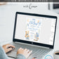 Editable oh boy baby shower invitation Canva template with watercolour teddy bear, baby blocks, vintage pram, rocking horse, balloons, and sleepy moon on a white background with blue border