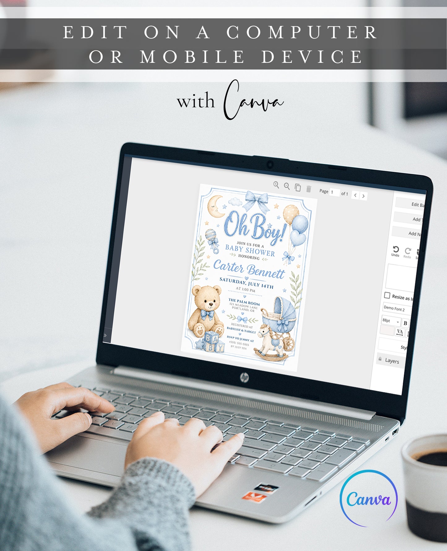 Editable oh boy baby shower invitation Canva template with watercolour teddy bear, baby blocks, vintage pram, rocking horse, balloons, and sleepy moon on a white background with blue border