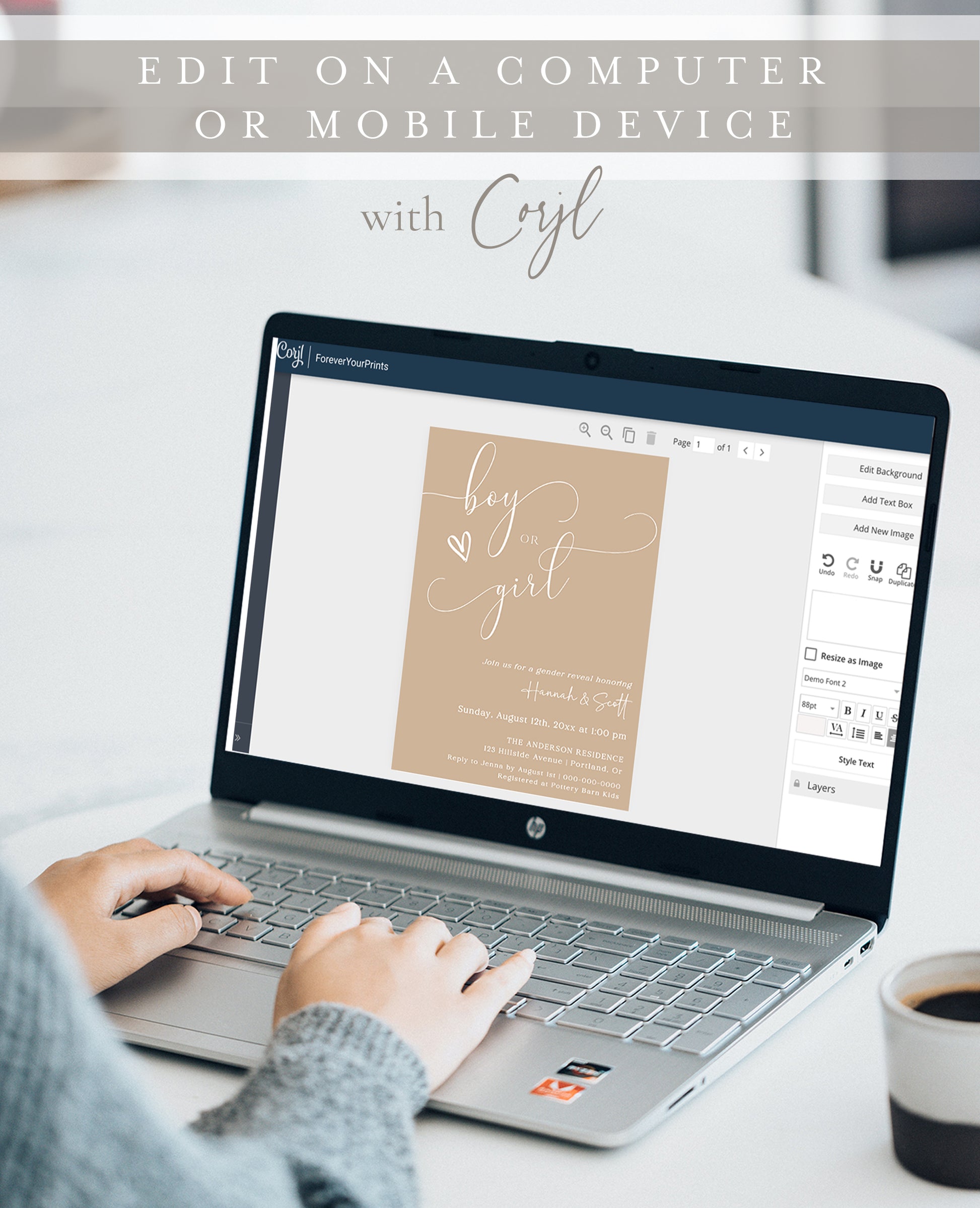 Gender reveal invitation with beige background and white script, editable online with Corjl | www.foreveryourprints.com