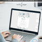 Dusty blue and cream floral bridal brunch invitation template with watercolor roses and botanicals in muted blue and sage, editable in Canva