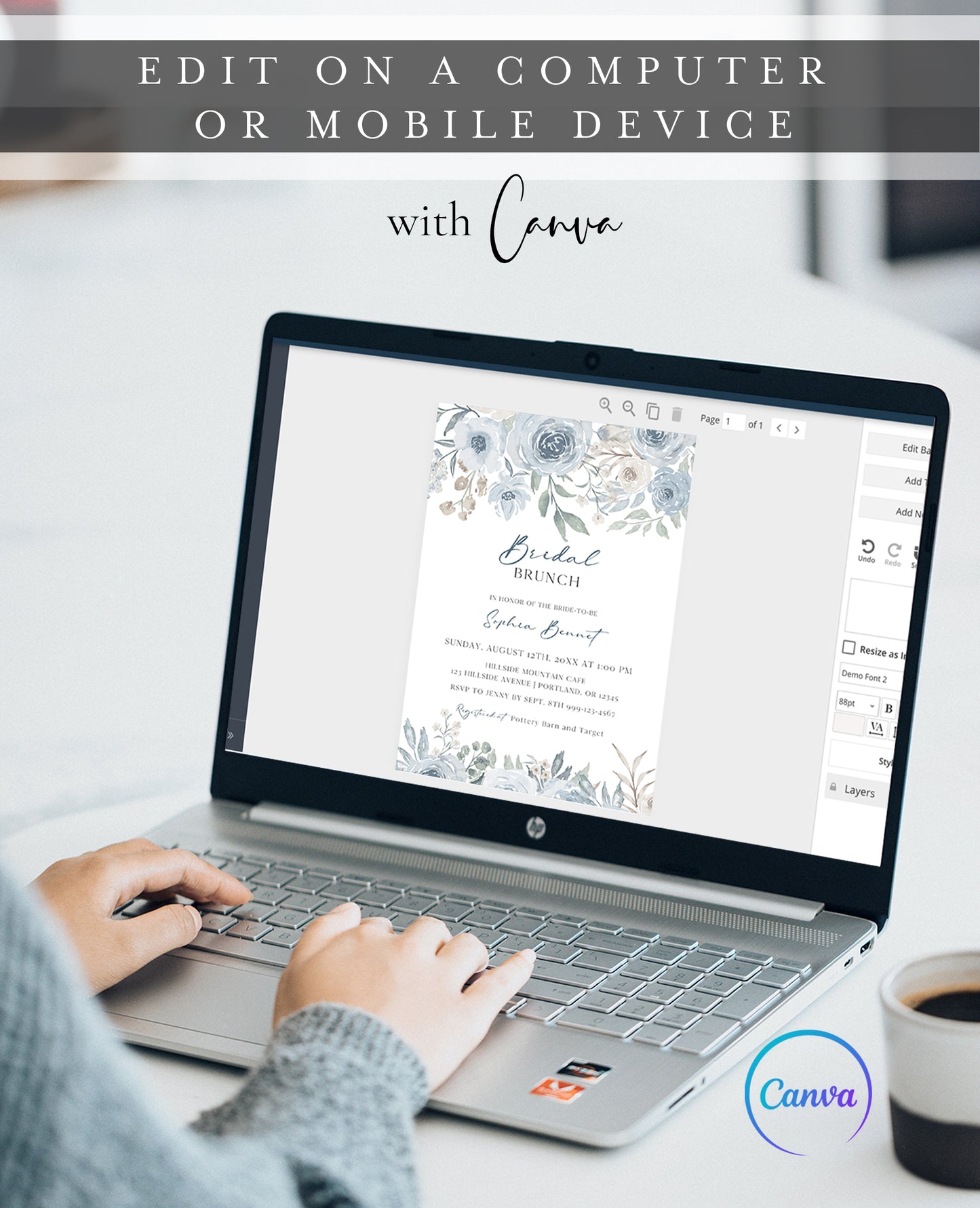 Dusty blue and cream floral bridal brunch invitation template with watercolor roses and botanicals in muted blue and sage, editable in Canva