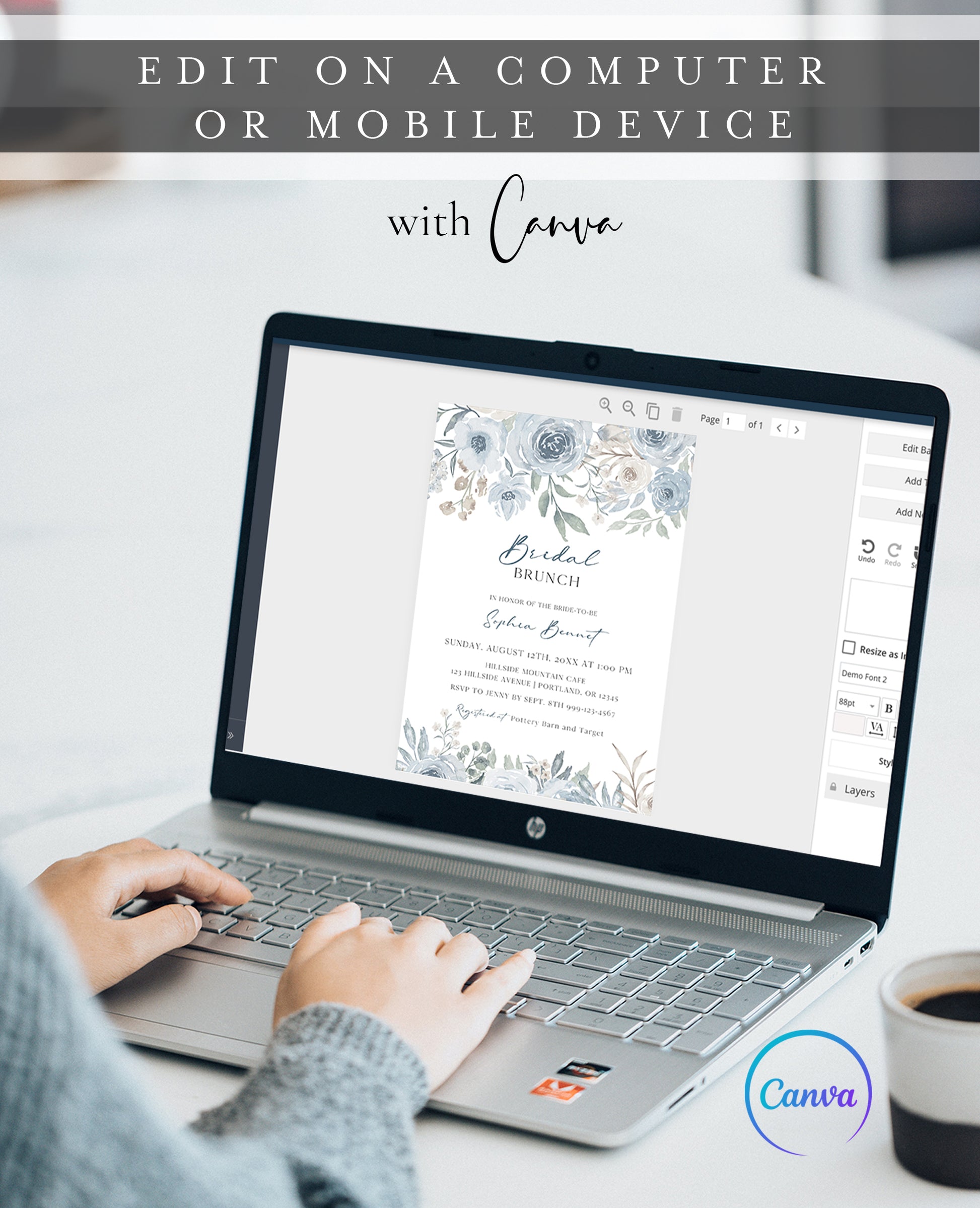 Dusty blue and cream floral bridal brunch invitation template with watercolor roses and botanicals in muted blue and sage, editable in Canva