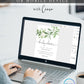 Greenery botanical baby shower invitation template with watercolor eucalyptus branches and cream rose on white background, editable in Canva