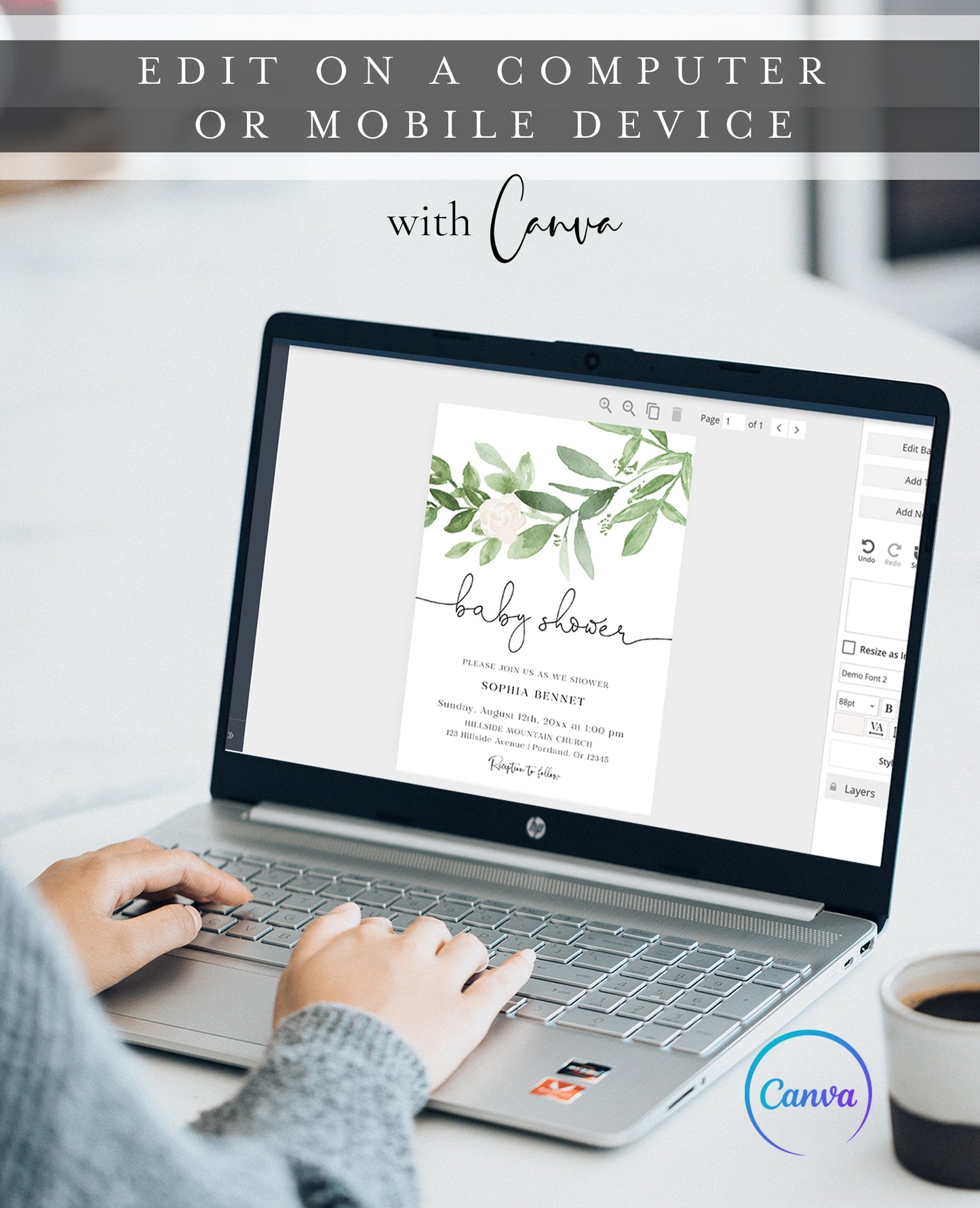 Greenery botanical baby shower invitation template with watercolor eucalyptus branches and cream rose on white background, editable in Canva