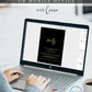 Elegant black and gold 40th birthday invitation template with gold calligraphy script on black background, editable in Canva