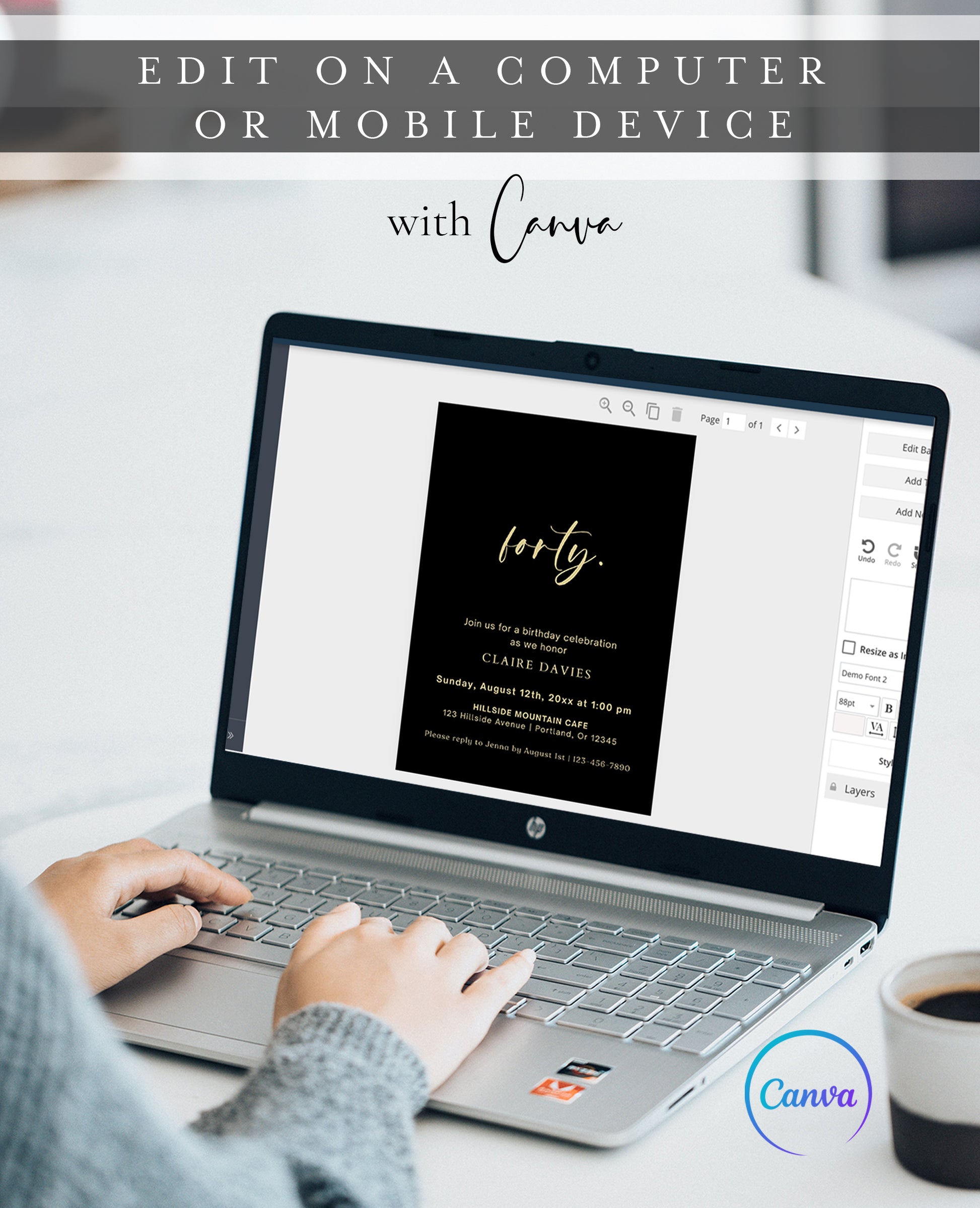 Elegant black and gold 40th birthday invitation template with gold calligraphy script on black background, editable in Canva
