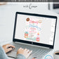 Editable donuts and diapers baby shower invitation Canva template with illustrated donuts, diapers, baby bottle, wipes, hearts and sprinkles in pink, mint, and blue on a white background