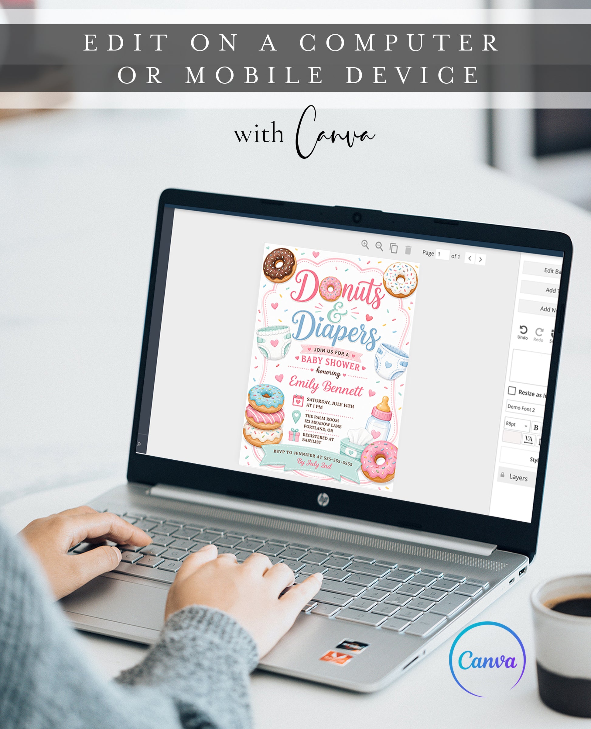 Editable donuts and diapers baby shower invitation Canva template with illustrated donuts, diapers, baby bottle, wipes, hearts and sprinkles in pink, mint, and blue on a white background
