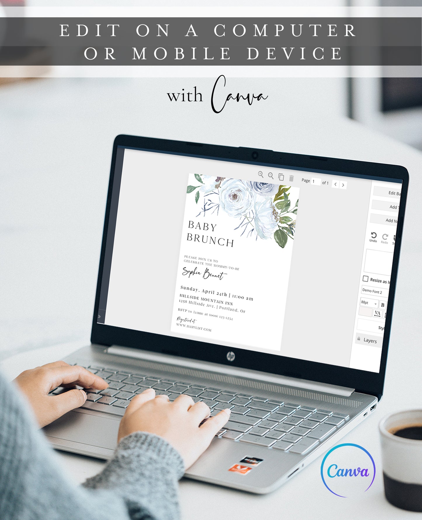 Pastel blue floral baby brunch invitation template with watercolor roses and ranunculus in dusty blue and white with green botanicals, editable in Canva