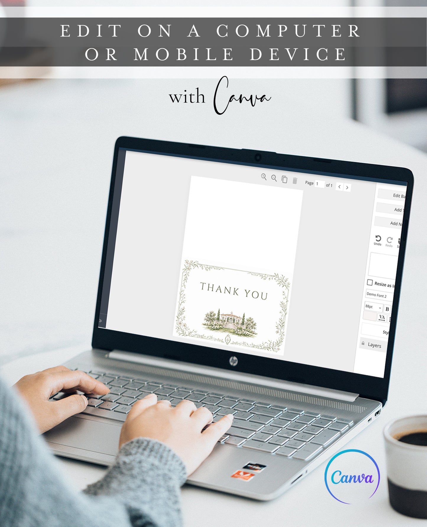 Garden estate wedding folded thank you card template with watercolor estate illustration and delicate sage botanical vine border, editable in Canva