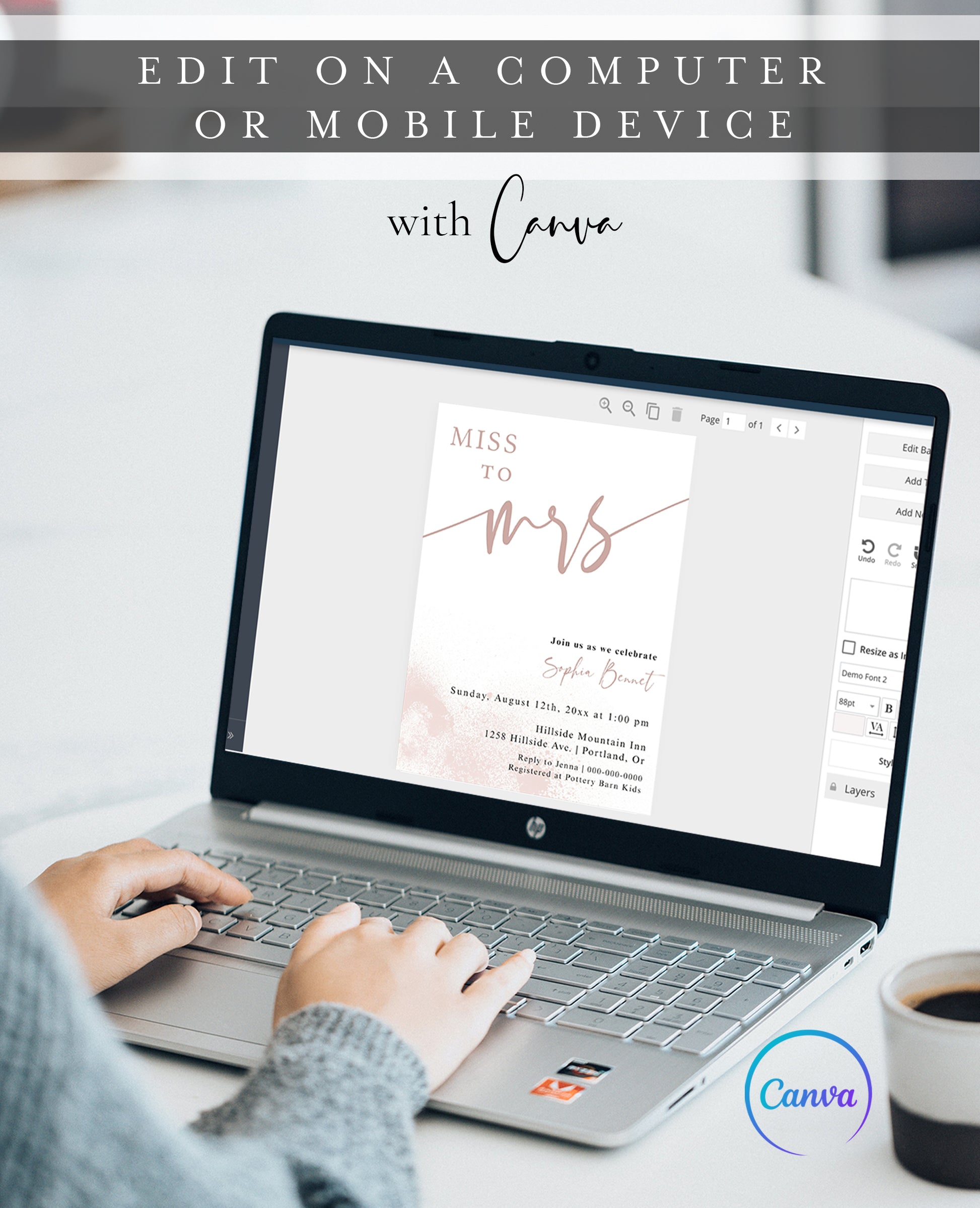 Latte toned Miss to Mrs bridal shower invitation template with dusty rose calligraphy script and watercolor wash, editable in Canva