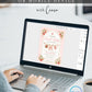 Editable strawberry baby shower invitation Canva template with watercolour strawberries, white blossoms, clothesline scene, and pink gingham background, shown with front and back of card