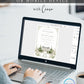 Elegant European style wedding invitation template with watercolor stone building illustration, cypress trees, and sage green ornate monogram border, editable in Canva