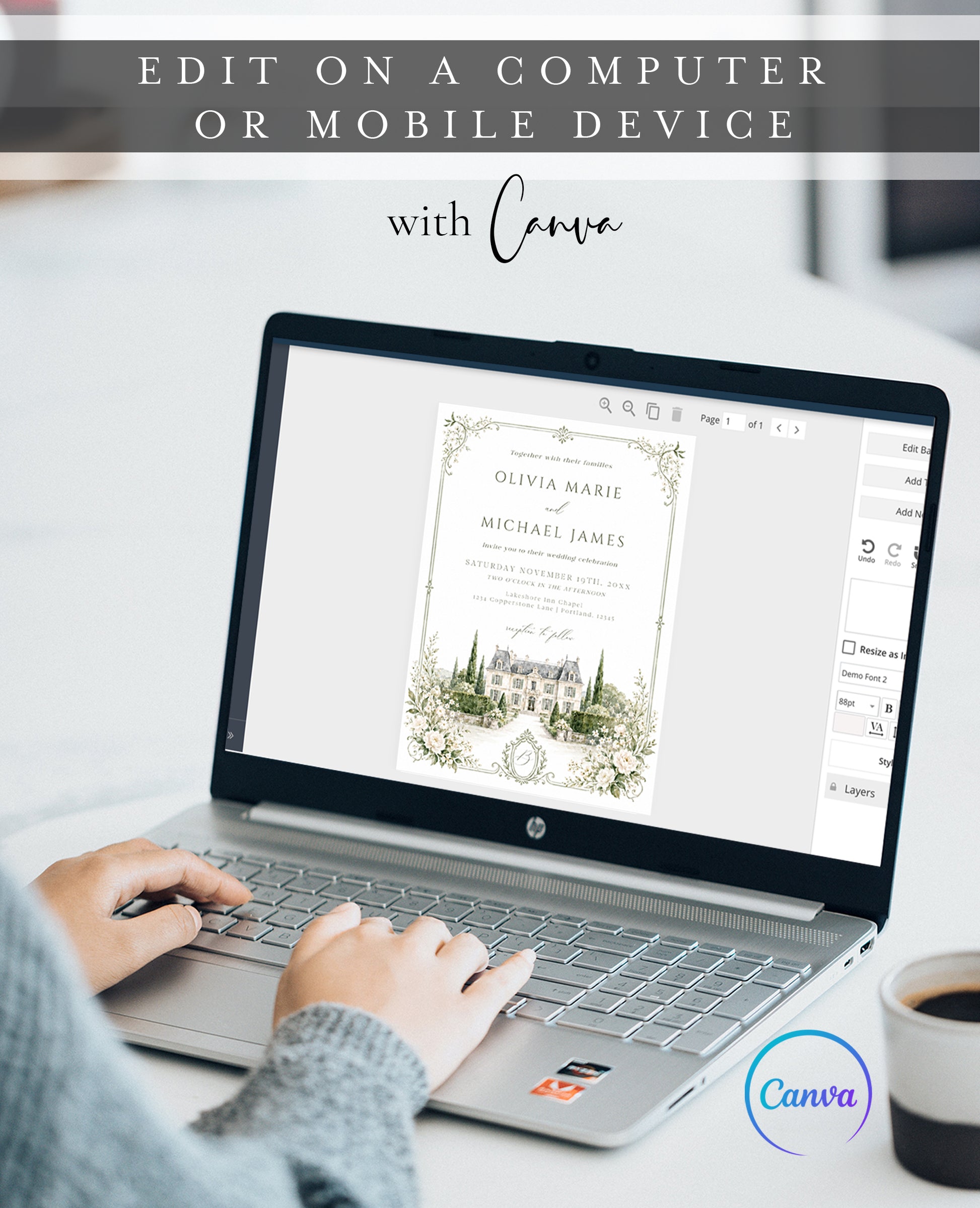 Elegant European style wedding invitation template with watercolor stone building illustration, cypress trees, and sage green ornate monogram border, editable in Canva