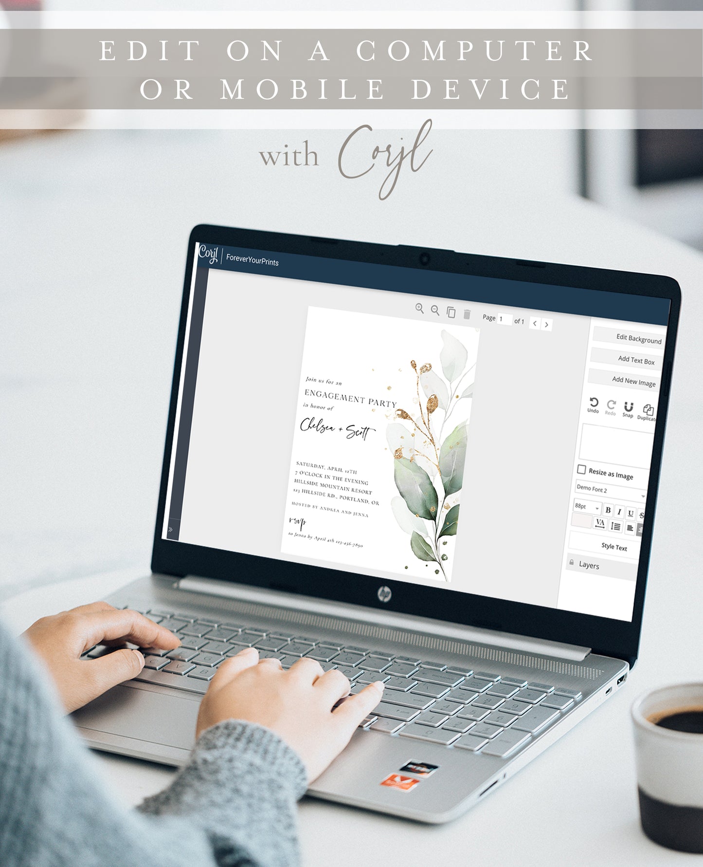 Engagement party invitation with watercolor greenery and gold accents, editable with Corjl | www.foreveryourprints.com