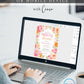 Editable citrus floral bridal brunch invitation Canva template with watercolour peonies, garden roses, cherry blossoms, and orange slices in pink, coral, and peach tones on a white background
