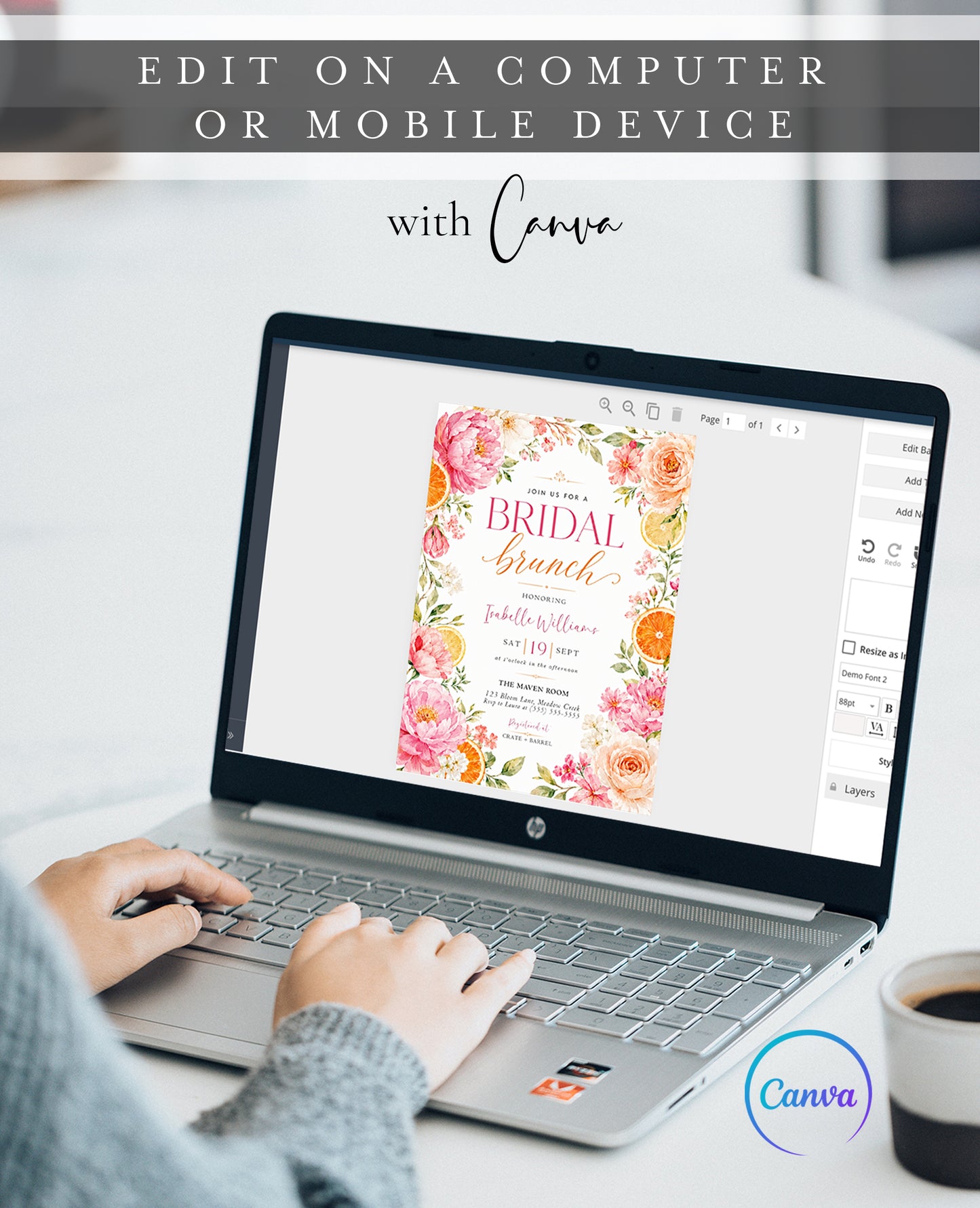 Editable citrus floral bridal brunch invitation Canva template with watercolour peonies, garden roses, cherry blossoms, and orange slices in pink, coral, and peach tones on a white background