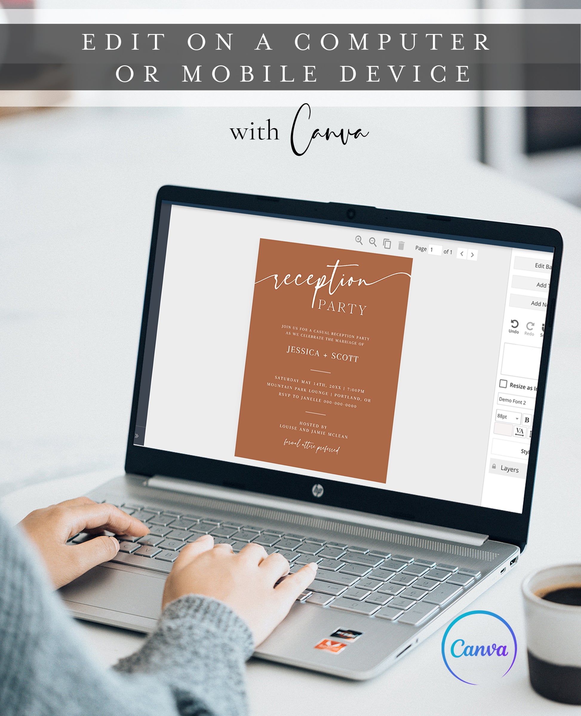Terracotta minimalist wedding reception party invitation template with white script and serif typography, editable in Canva