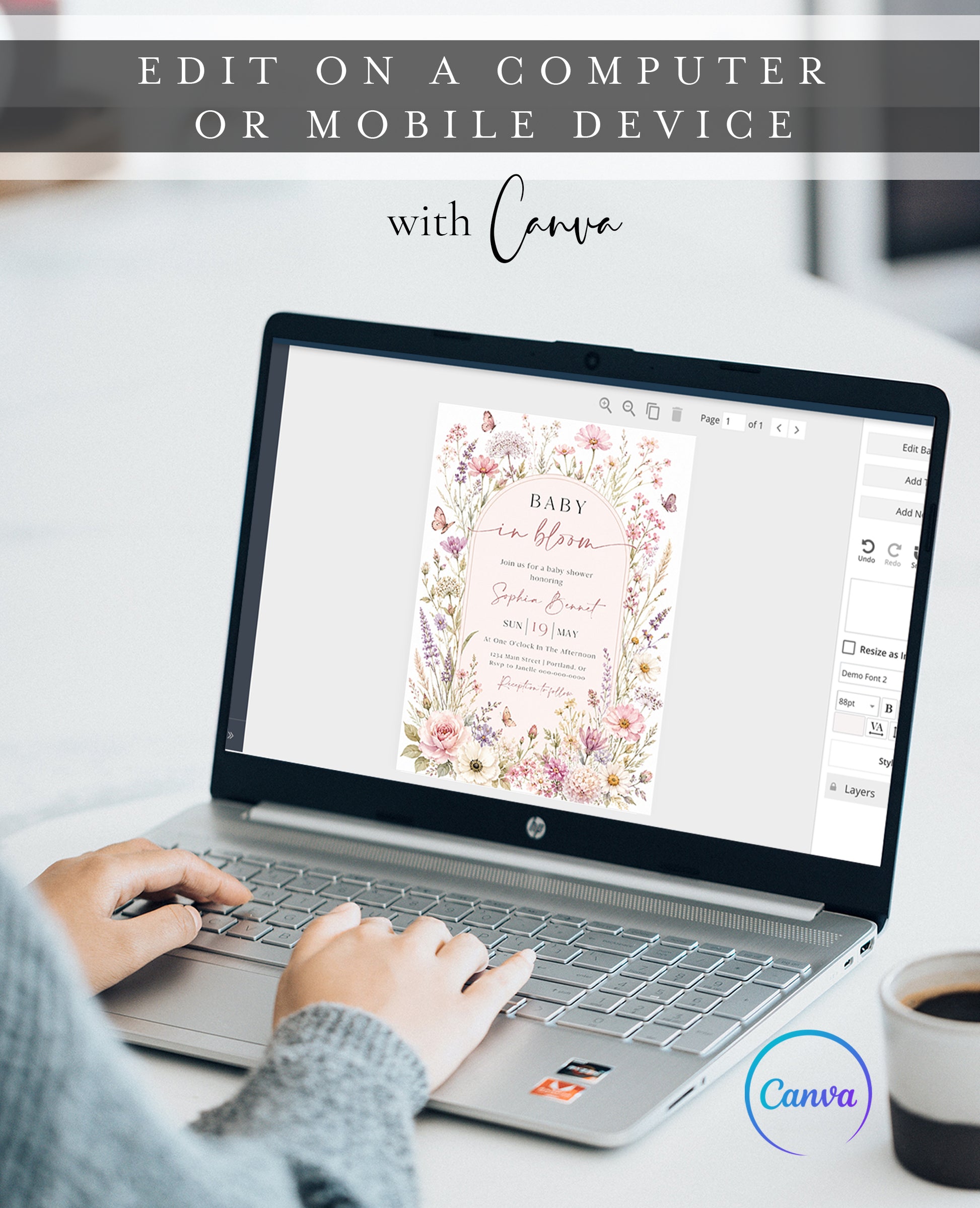Editable baby in bloom wildflower baby shower invitation Canva template with watercolour roses, cosmos, lavender, and butterfly details framing a blush arch, shown with front and back of card