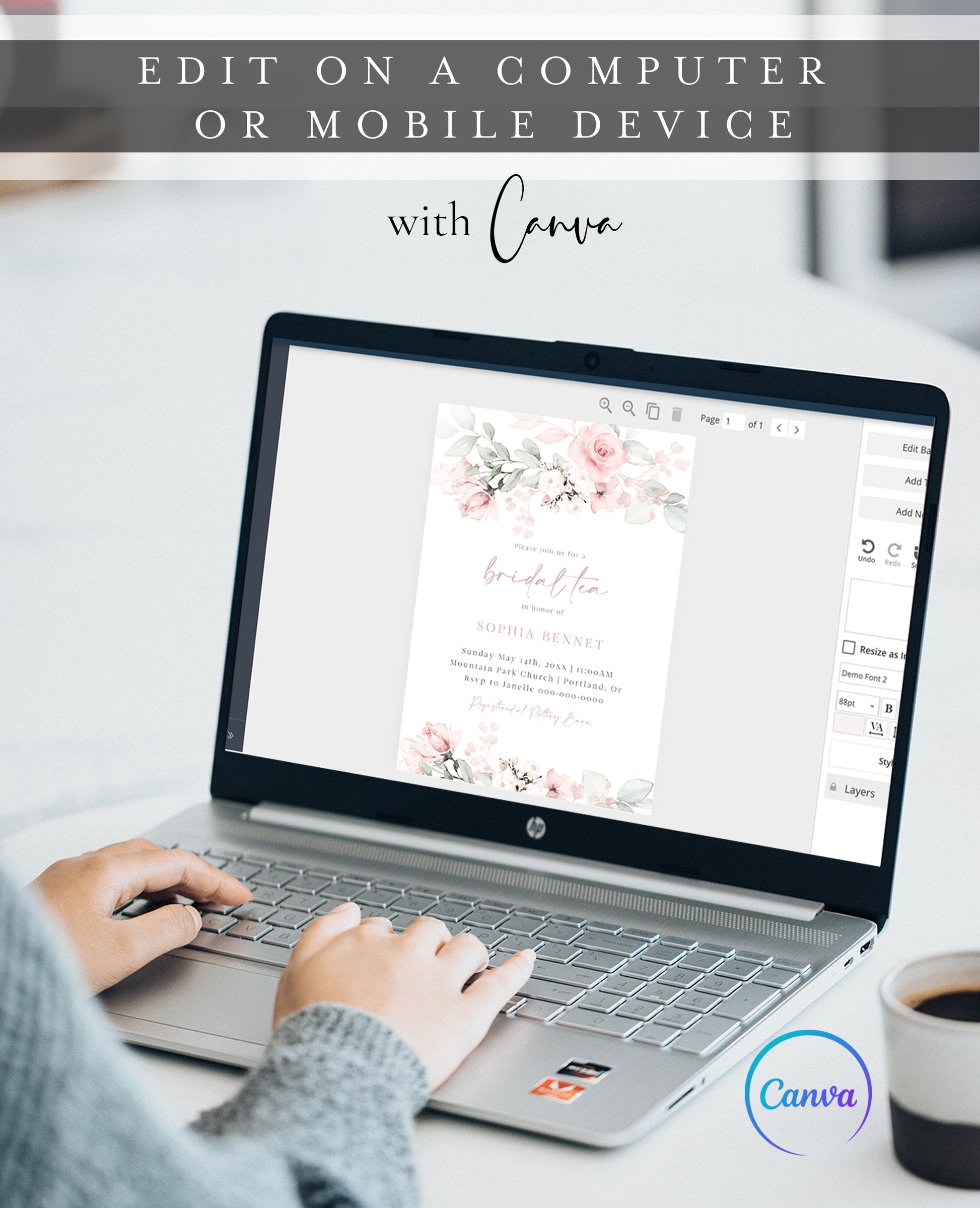 Blush pink and sage green watercolor floral bridal tea invitation template with roses and greenery, editable in Canva
