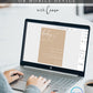 Minimalist baby brunch invitation template with warm beige background and white script typography, editable in Canva