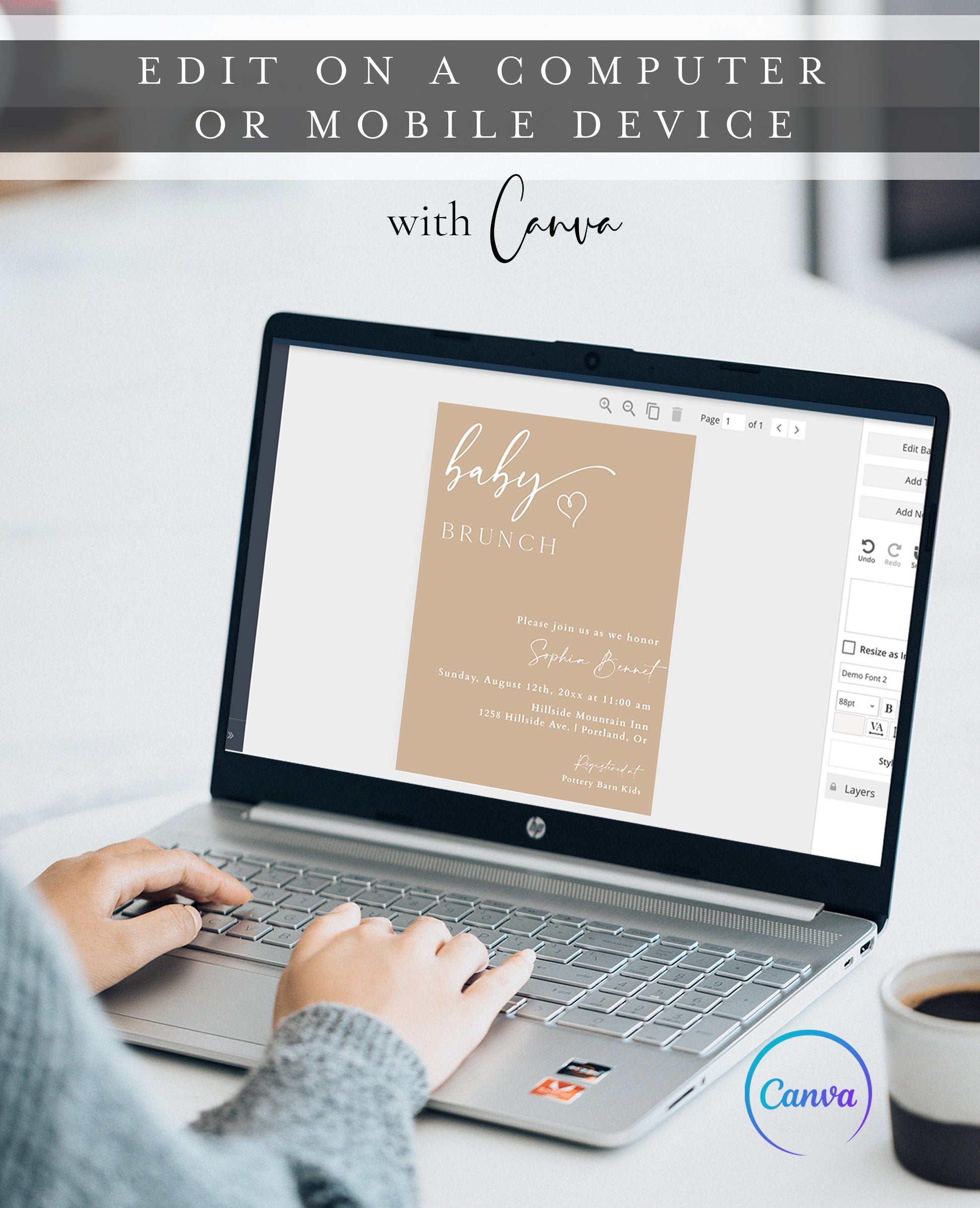 Minimalist baby brunch invitation template with warm beige background and white script typography, editable in Canva