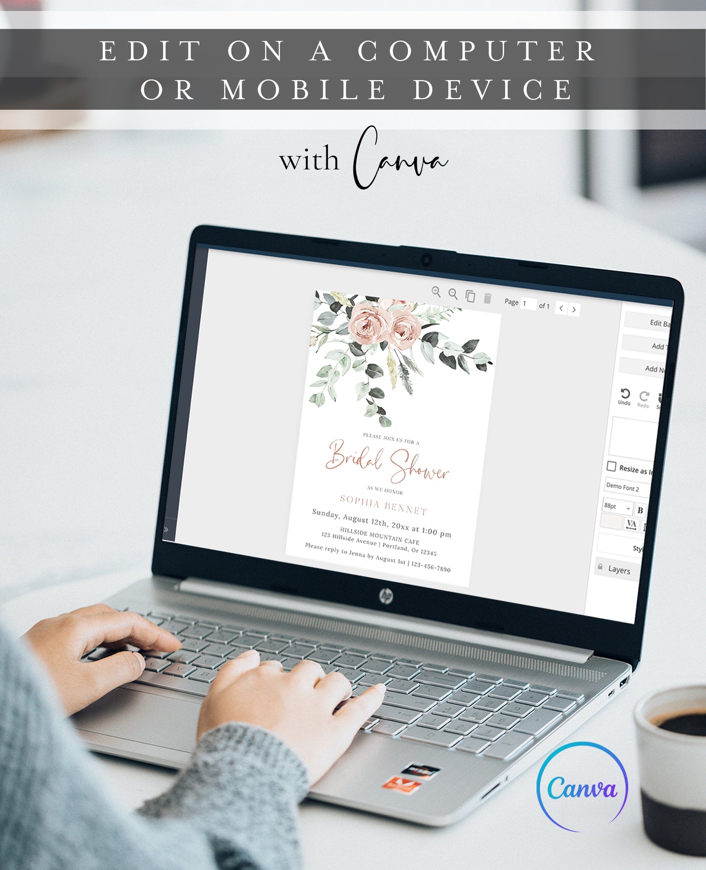 Blush floral and greenery bridal shower invitation template with watercolor roses and eucalyptus botanicals and rose gold calligraphy script, editable in Canva