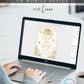 Editable sage green sweet as can bee baby shower invitation Canva template with watercolour honey jar, white daisies, bumble bees, and gold script typography on a sage gingham background