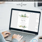 Greenery botanical couples shower invitation template with watercolor tropical leaves, gold line borders, and peach floral accent, editable in Canva