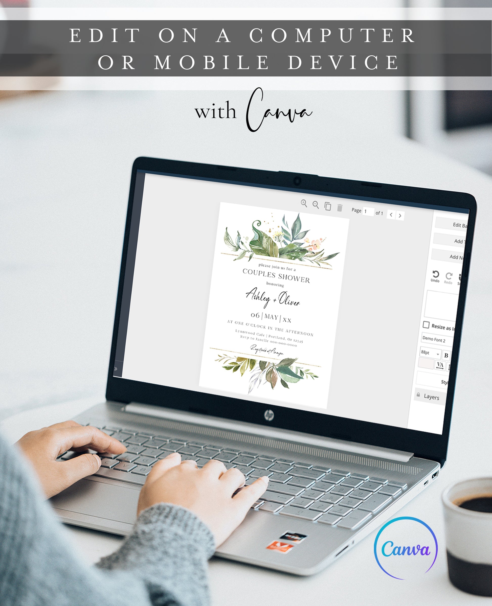 Greenery botanical couples shower invitation template with watercolor tropical leaves, gold line borders, and peach floral accent, editable in Canva
