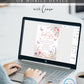 Editable pink and purple butterfly baby shower invitation Canva template with watercolour peonies, lavender, cosmos, and butterfly details on a soft blush background, shown with front and back of card