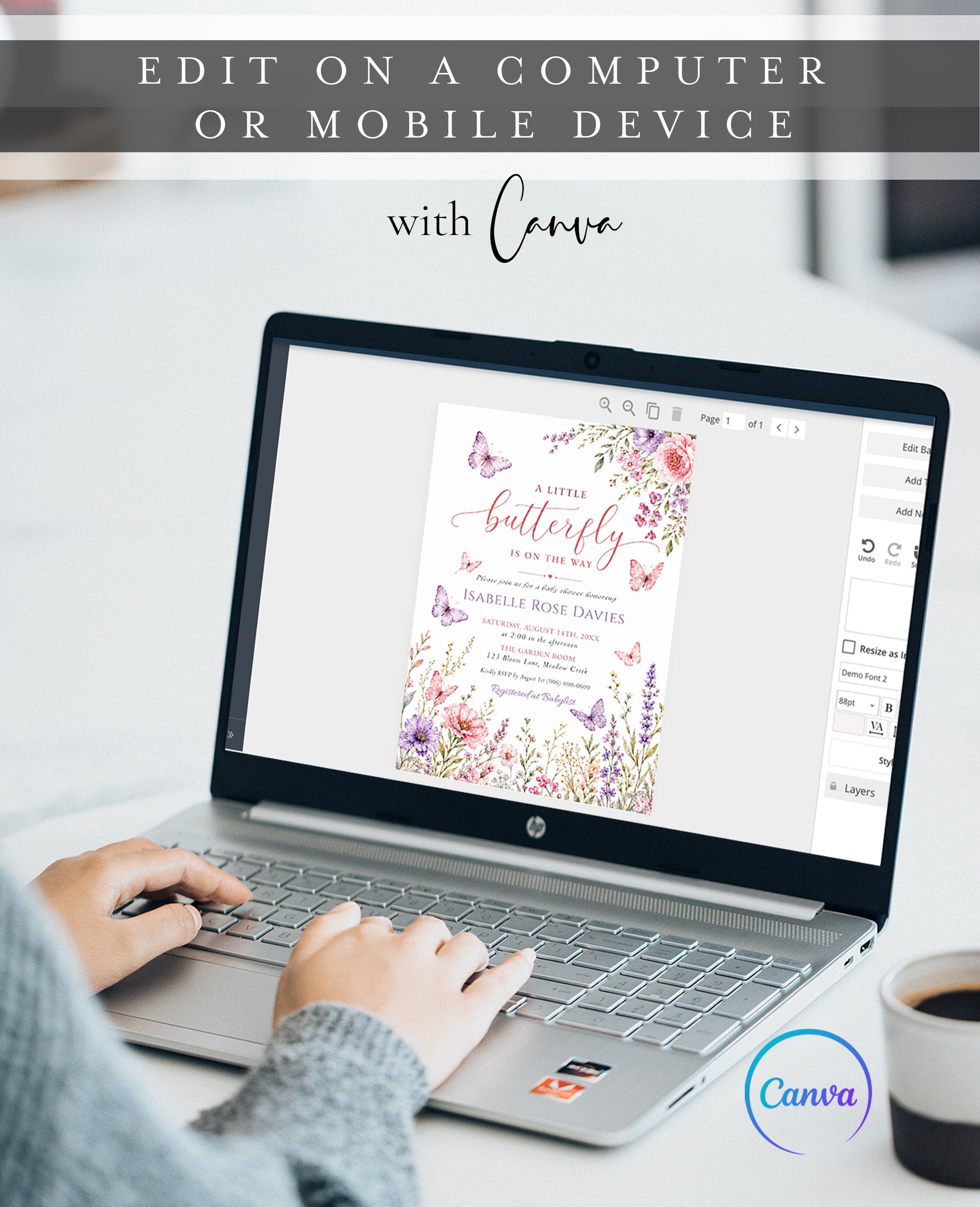 Editable pink and purple butterfly baby shower invitation Canva template with watercolour peonies, lavender, cosmos, and butterfly details on a soft blush background, shown with front and back of card