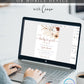 Boho brown floral baby girl shower invitation template with pampas grass, white orchids, and terracotta florals with rust calligraphy script, editable in Canva