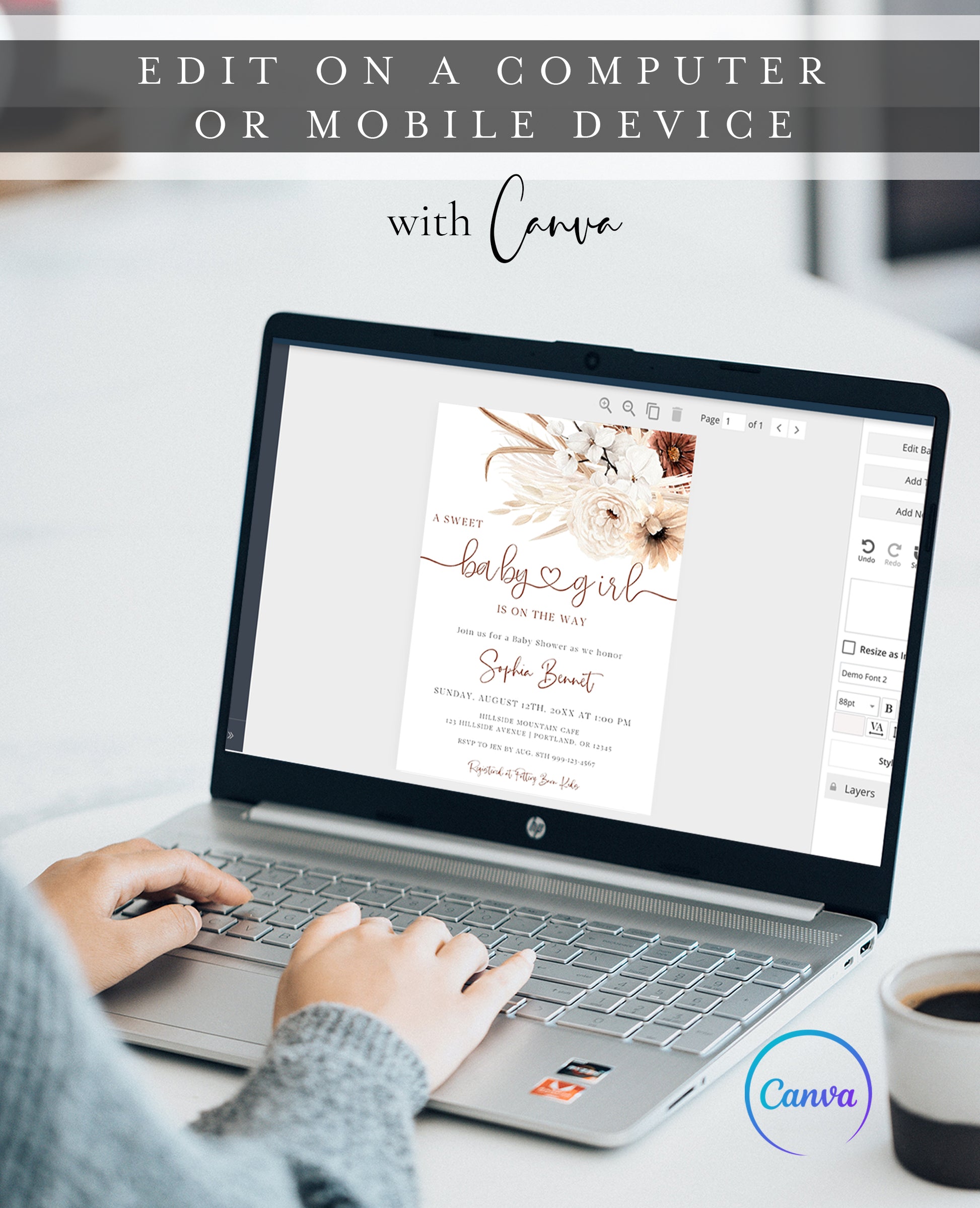 Boho brown floral baby girl shower invitation template with pampas grass, white orchids, and terracotta florals with rust calligraphy script, editable in Canva