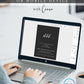 Minimalist black surprise birthday party invitation template with shhh calligraphy script and white typography on dark background, editable in Canva