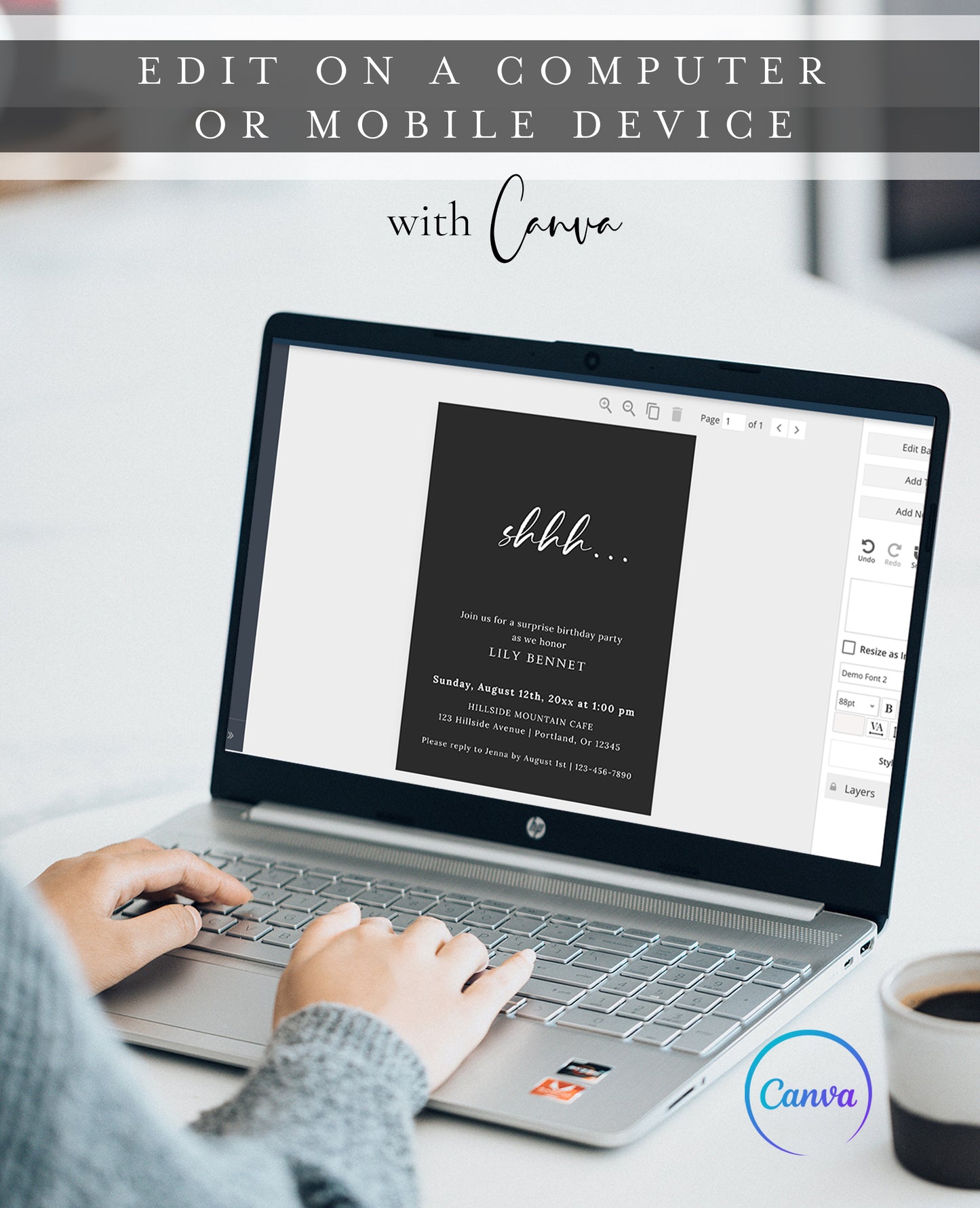 Minimalist black surprise birthday party invitation template with shhh calligraphy script and white typography on dark background, editable in Canva