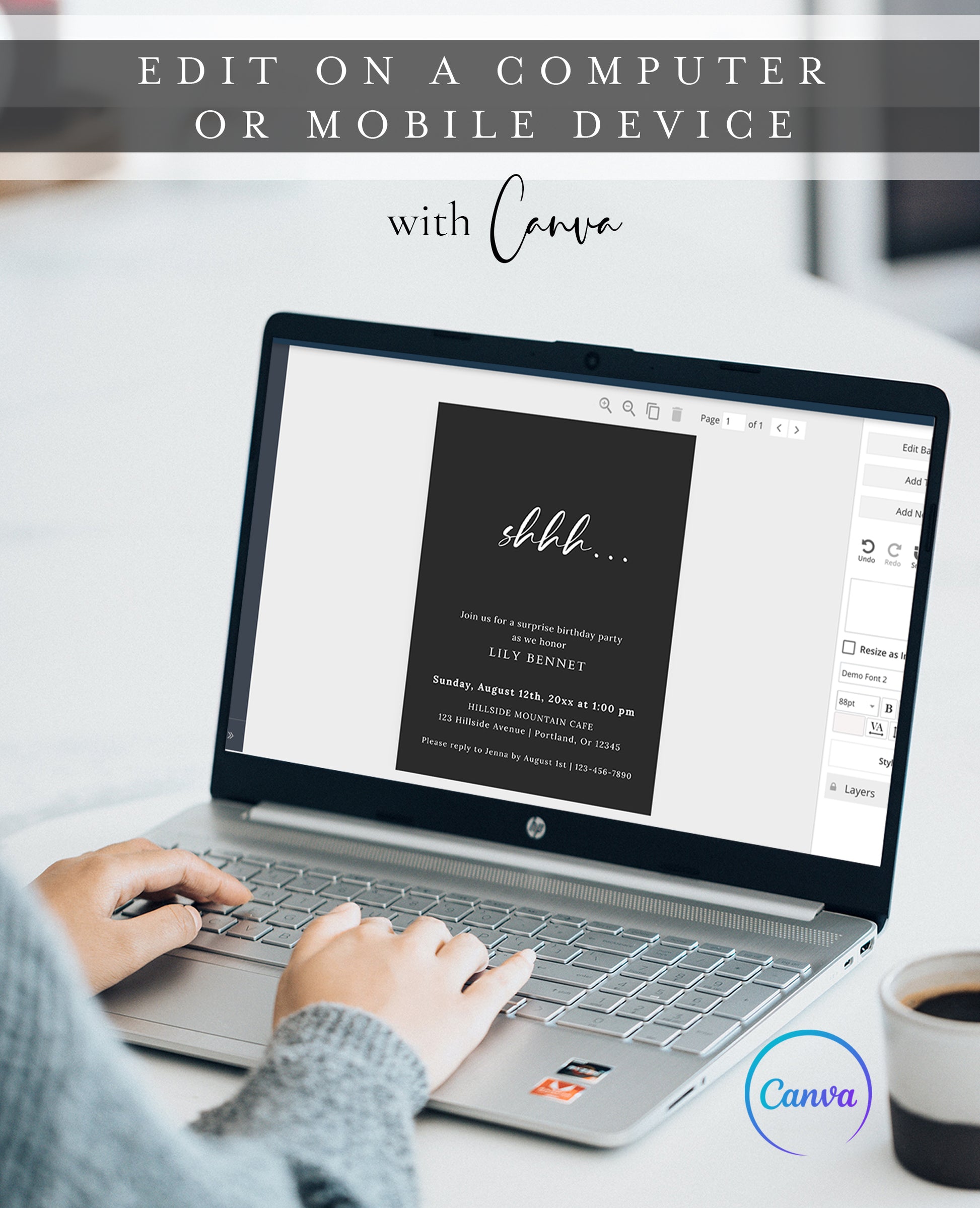 Minimalist black surprise birthday party invitation template with shhh calligraphy script and white typography on dark background, editable in Canva