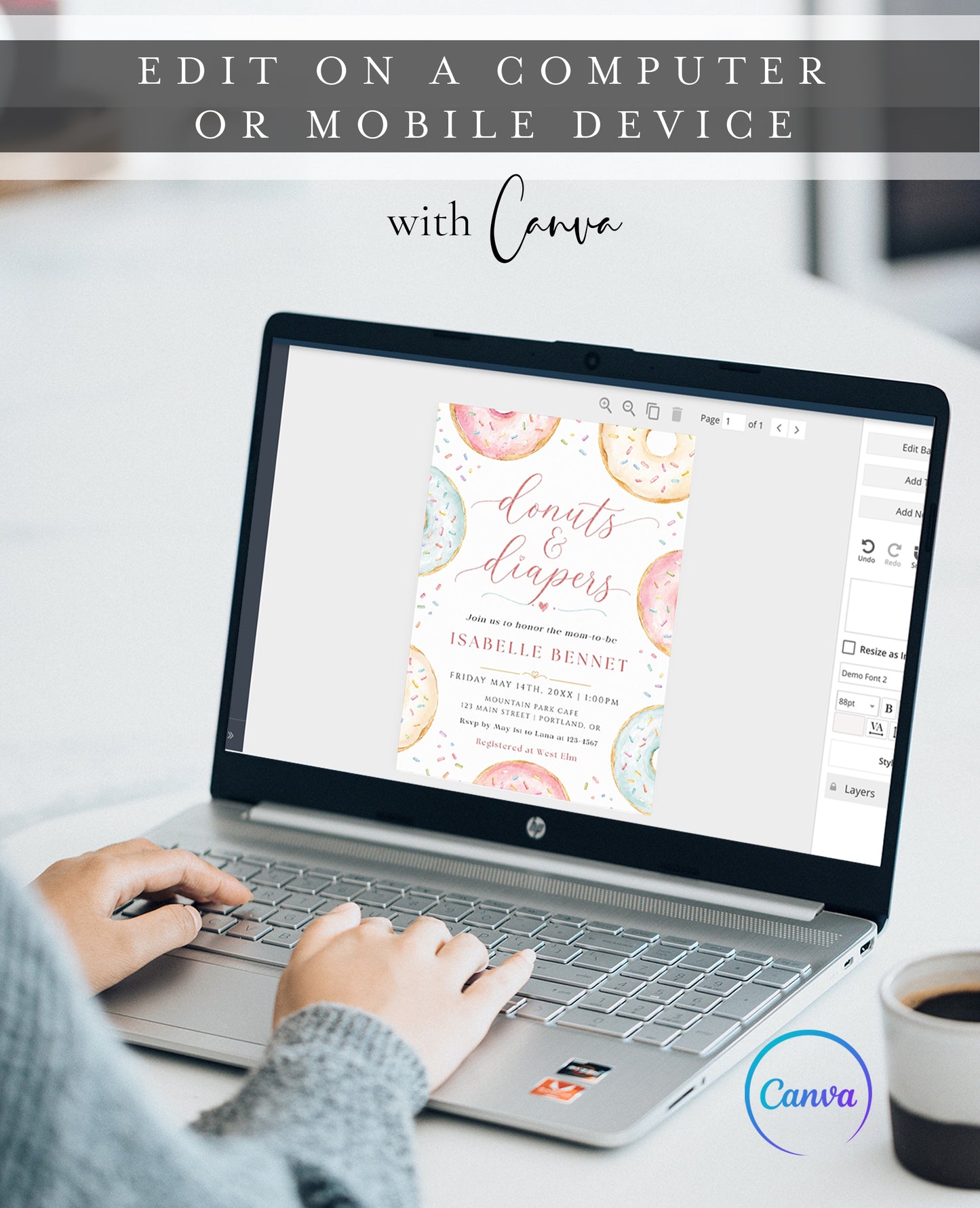 Editable donuts and diapers baby shower invitation Canva template with watercolour pastel donuts, rainbow sprinkles, and script typography on a white background